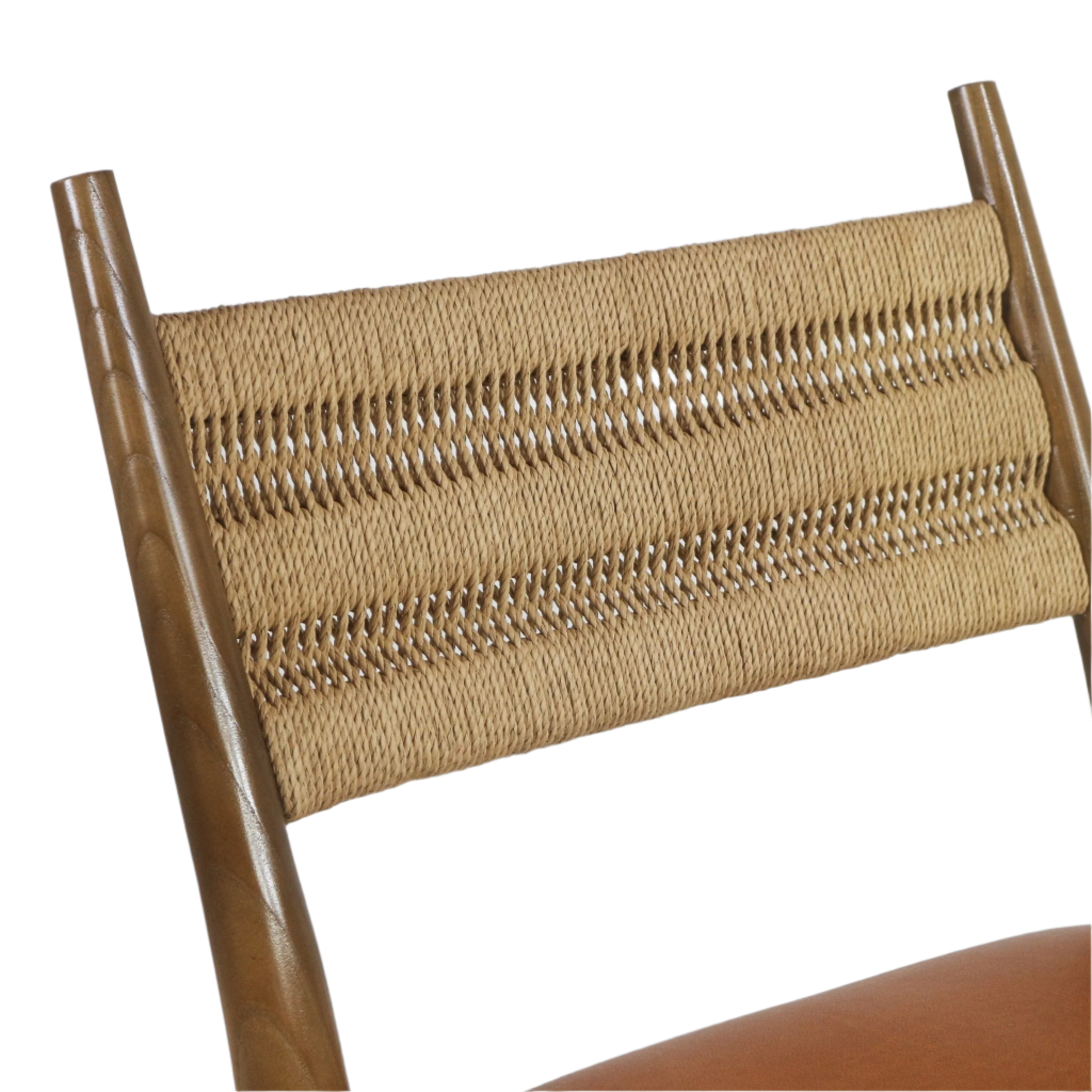 Close-up of a tan woven rope backrest framed by natural wood uprights, with a brown faux-leather seat edge visible at the bottom, highlighting the chair’s coastal-inspired woven detail.