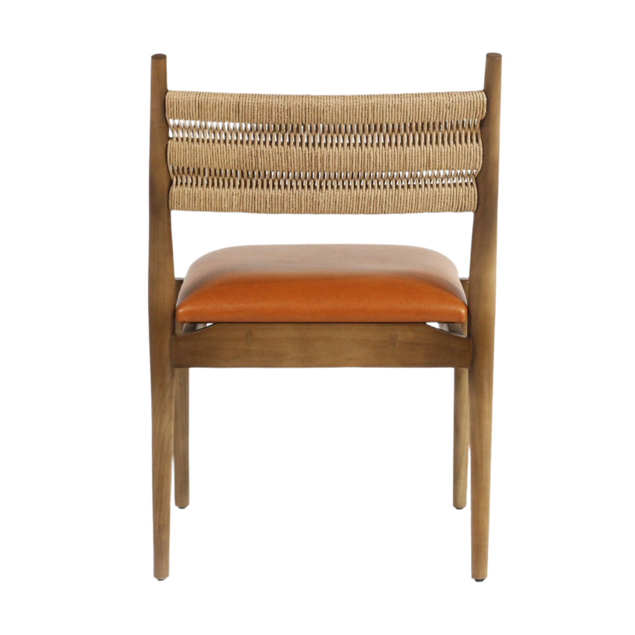 Front view of an armless dining side chair with a woven natural rope back, cognac faux leather seat cushion, and warm stained solid wood frame.