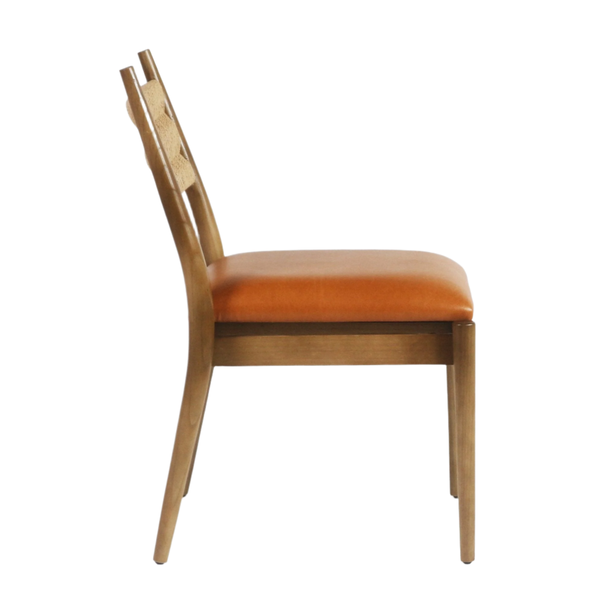 Side profile of an armless dining chair with a cognac faux leather seat, natural wood frame and woven rope back, shown on a white background in a contemporary coastal style.