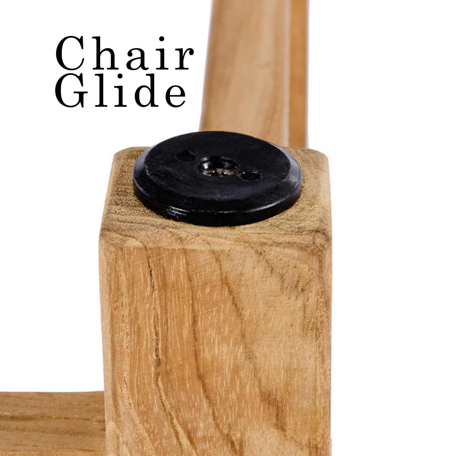 Close-up of a natural teak bar stool leg end showing a round black plastic chair glide attached to the wood, highlighting the teak grain and protective floor glide on an outdoor coastal-style stool.