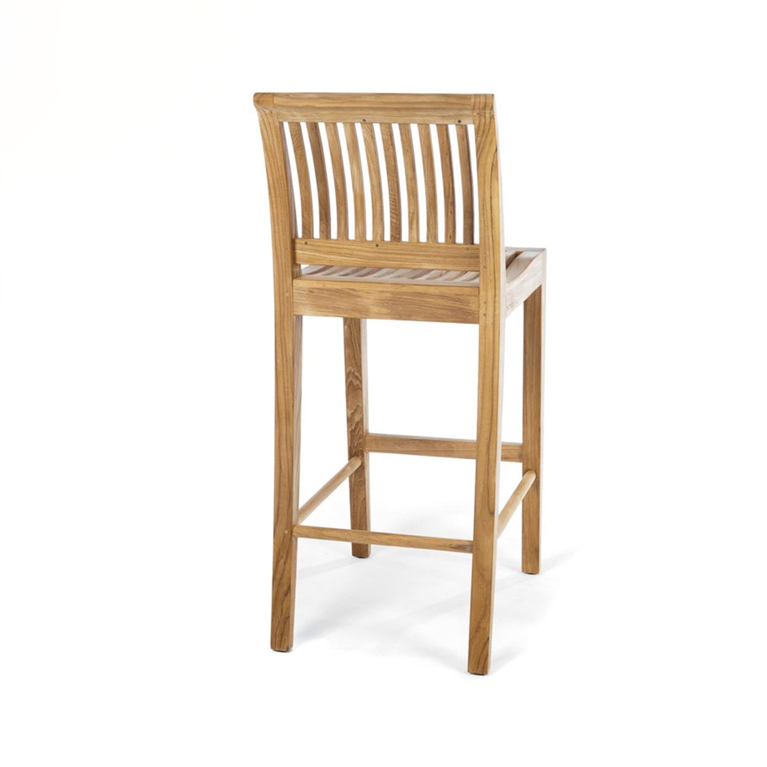 Three-quarter rear view of a natural teak armless outdoor bar stool with vertical slatted back, slatted seat, square legs and a built-in footrest, shown on a white background.