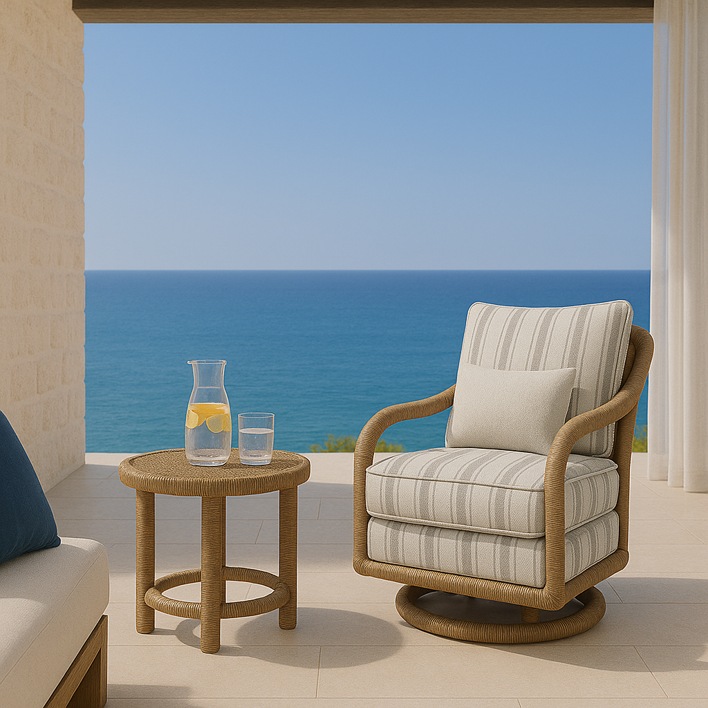 Coastal outdoor lounge setup featuring a natural woven rope-framed swivel chair with light-gray striped upholstered cushions and lumbar pillow, paired with a matching round woven side table holding a pitcher and glass of lemon water, ocean view beyon
