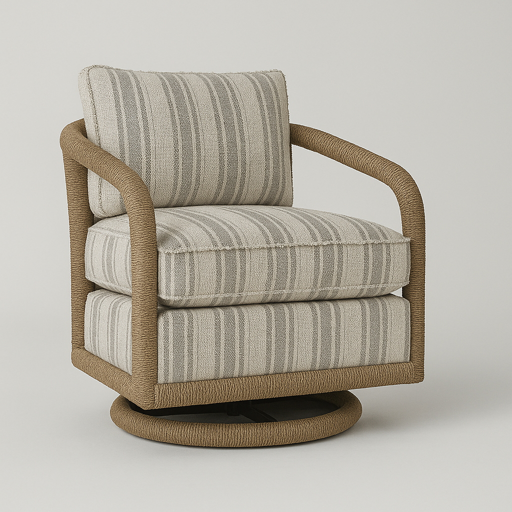 Coastal-style outdoor swivel lounge chair with round rope-wrapped base and curved rope arms, upholstered in neutral gray-and-white striped fabric with thick cushioned seat and back.