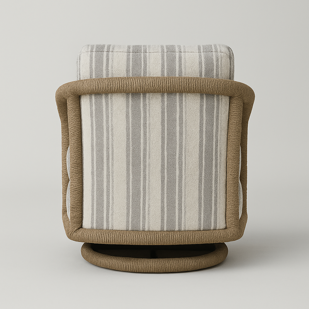 Rear view of a coastal outdoor swivel lounge chair upholstered in neutral gray-and-white striped fabric, wrapped in a natural tan rope frame with a round swivel base.