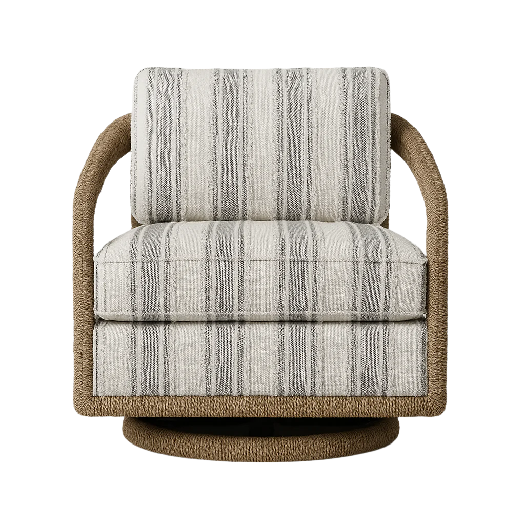 Front view of an outdoor swivel lounge chair with cream and gray striped fabric cushions, natural tan rope-wrapped frame and rounded swivel base in a contemporary coastal style.