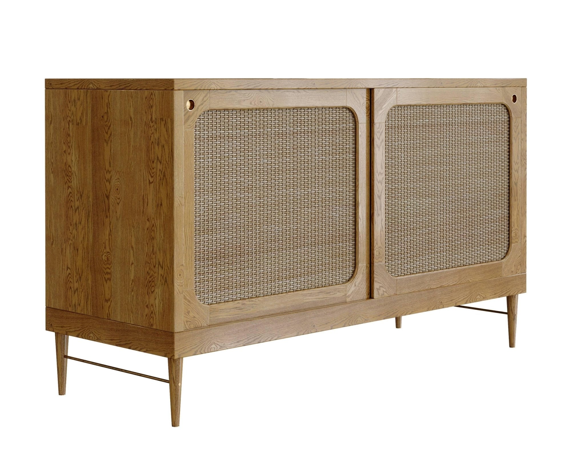 Light teak sideboard with woven cane front panels, solid wood frame and slender tapered legs with metal crossbars, photographed against a white background.