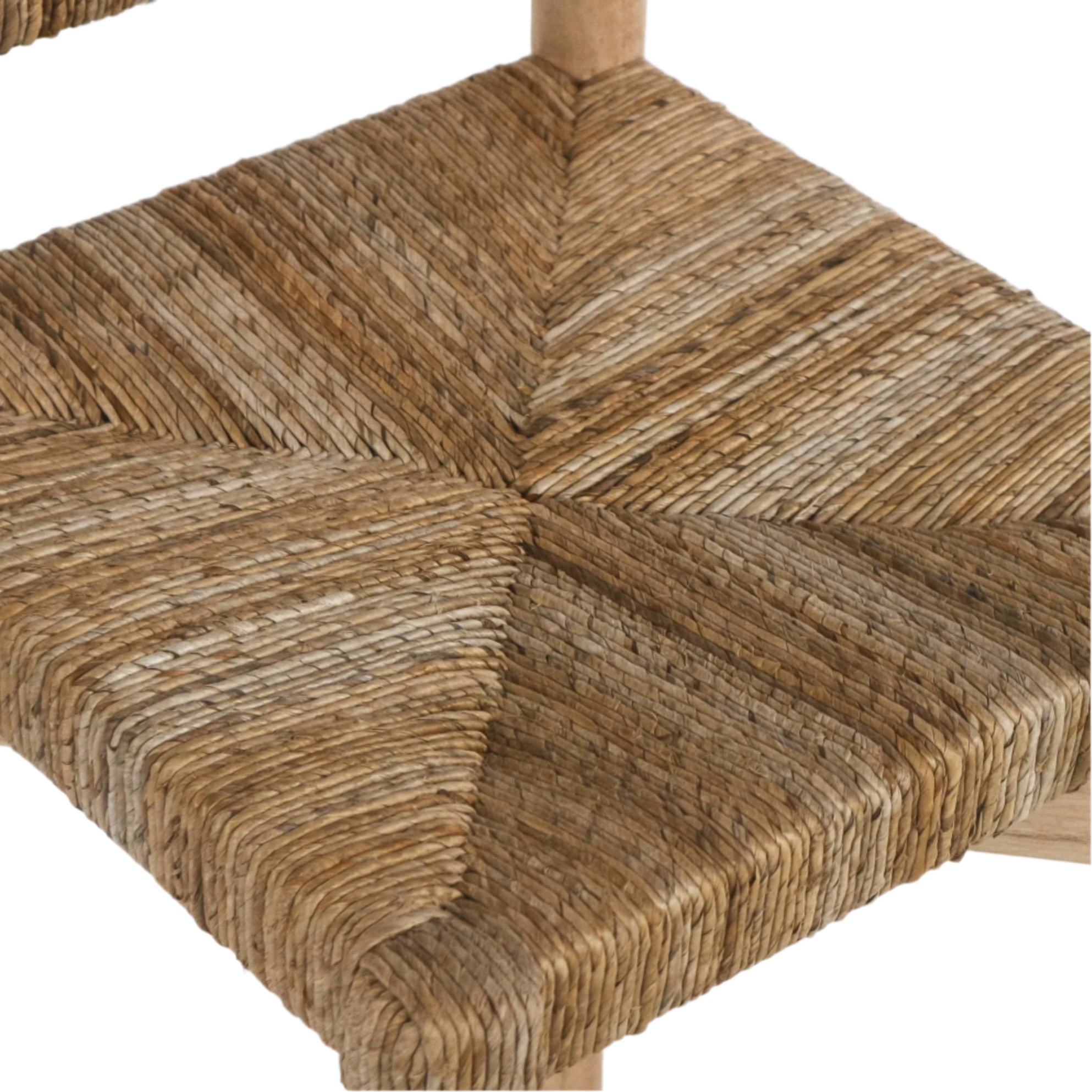 Close-up of a natural seagrass woven counter stool seat showing a four-panel chevron weave and a hint of oak leg in warm tan and brown tones, highlighting the textured rope-like fibers.