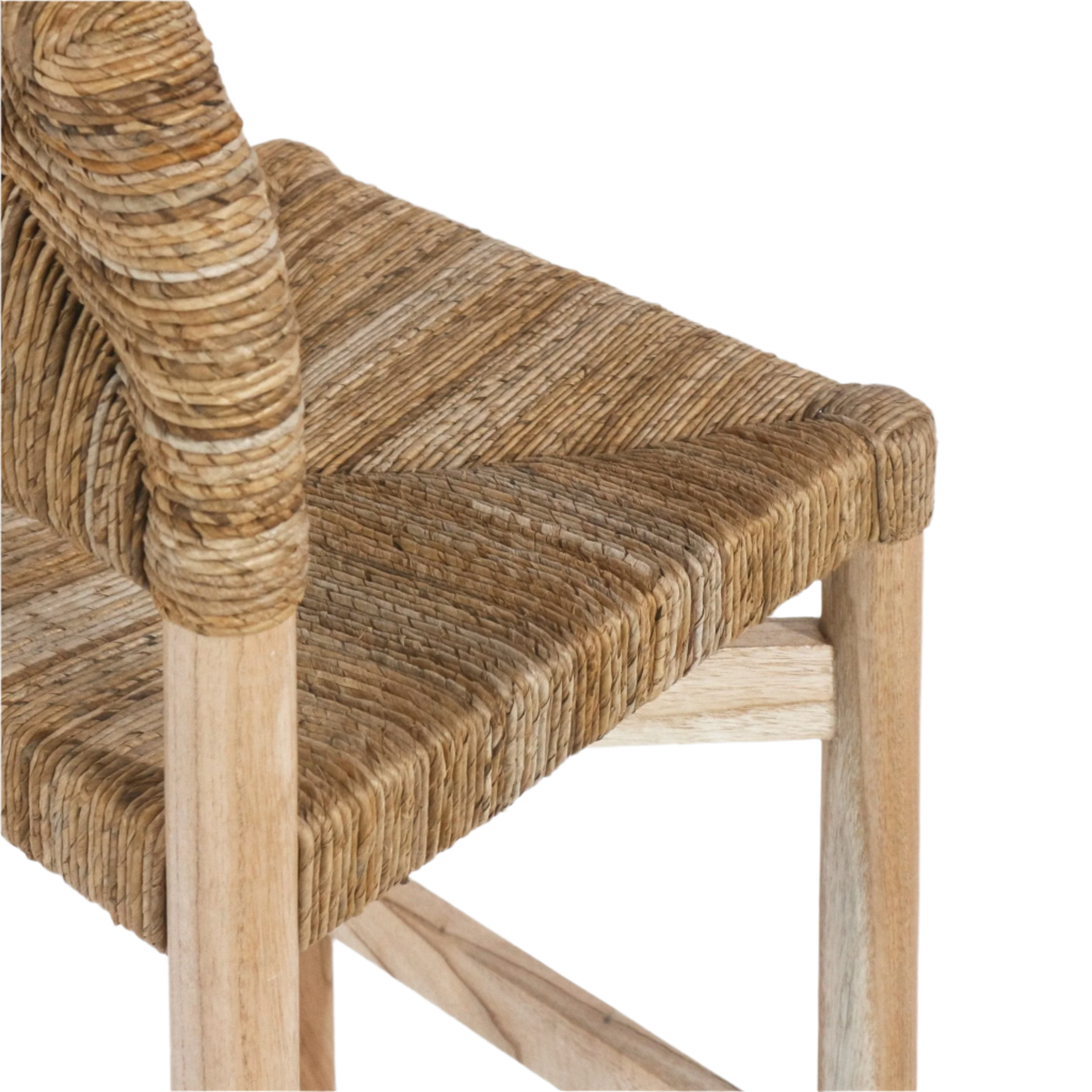 Close-up of a natural woven seagrass seat with rope-wrapped back detail on a light oak counter stool frame, showcasing the tight handwoven texture and unfinished wood legs.