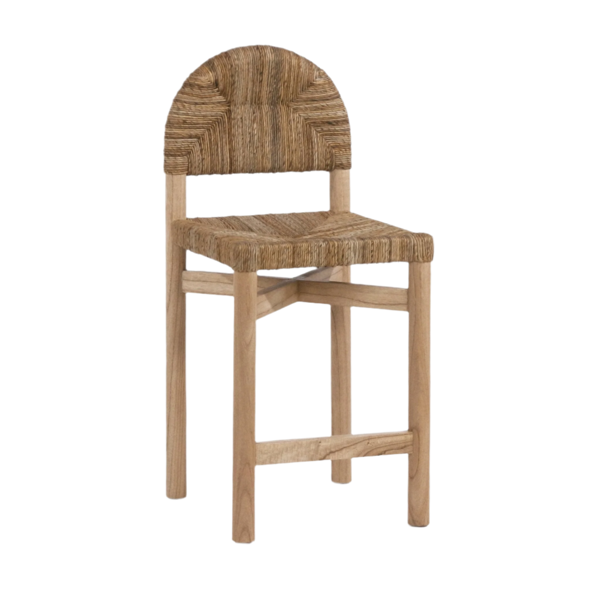 Counter-height stool with a natural teak frame and woven seagrass seat and arched back, finished in a neutral coastal tone with a cross-stretcher footrest.