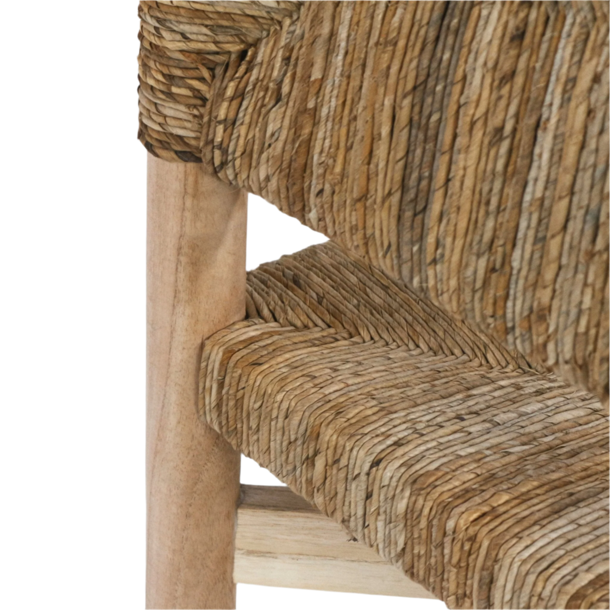Close-up of a natural teak stool leg with a woven seagrass seat and back, highlighting the handwoven texture and light teak finish in a neutral coastal style.