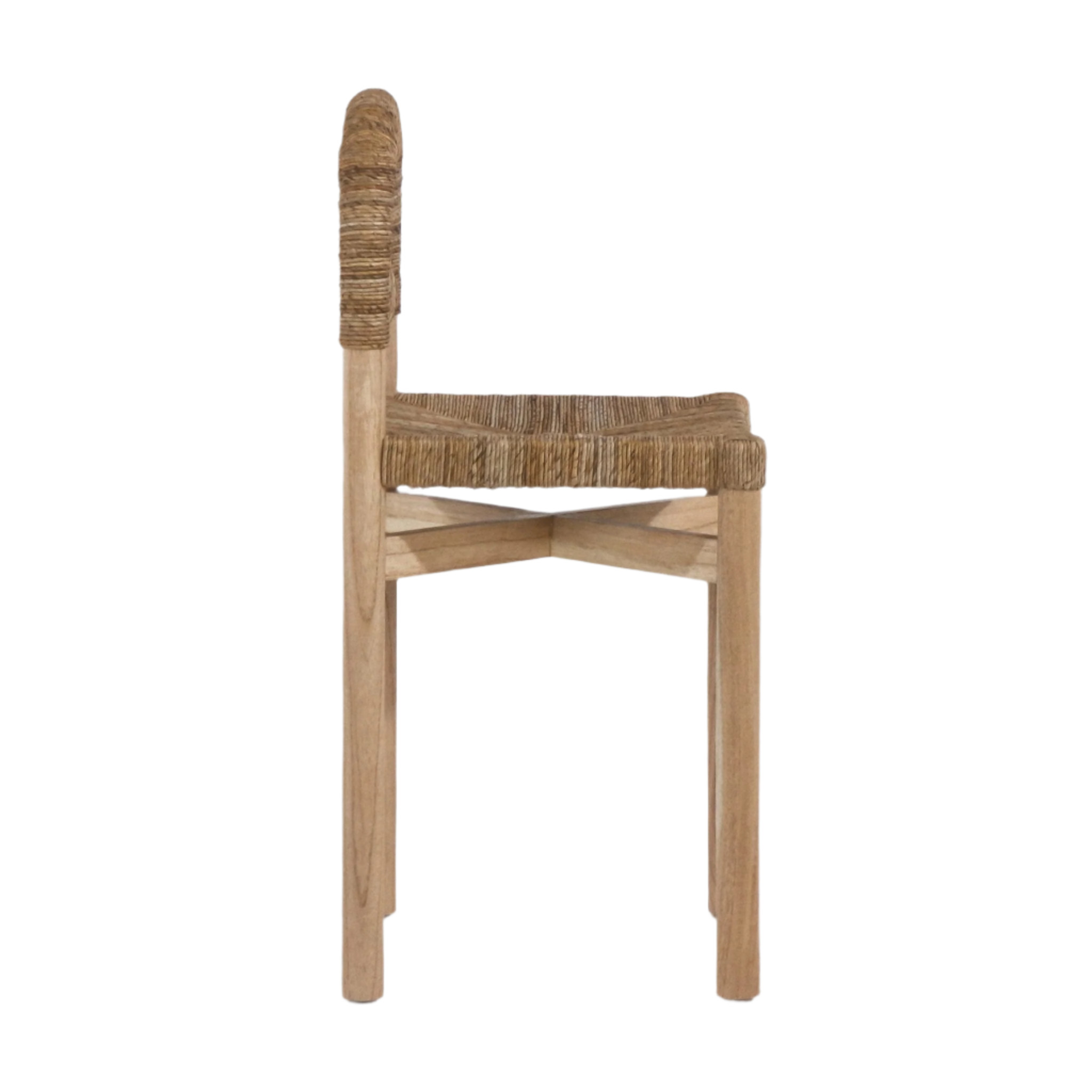 Side profile of a counter-height stool with a natural teak frame, woven seagrass seat and wrapped seagrass backrest, X-shaped stretcher between legs in a neutral coastal finish on a white background.
