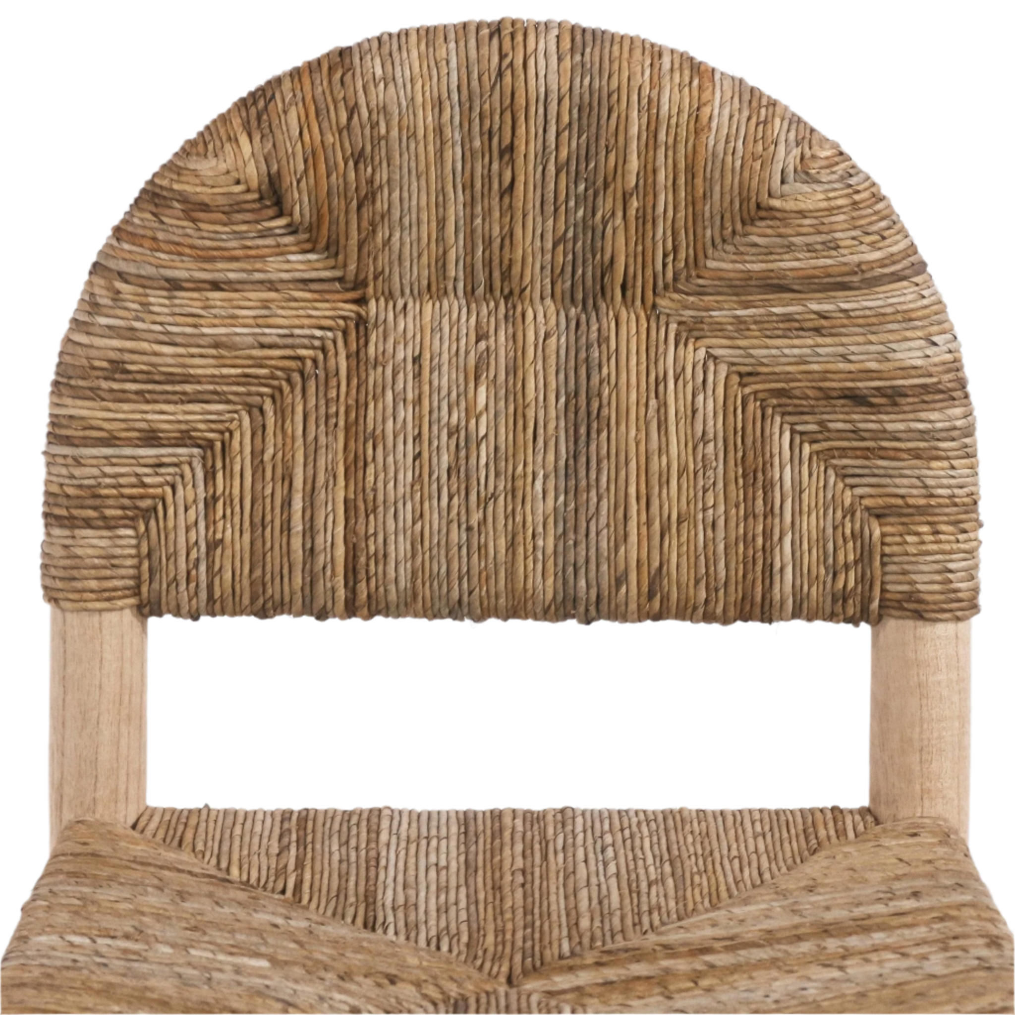 Close-up of a coastal counter stool showing tightly woven natural seagrass back and seat with a light teak wood frame.