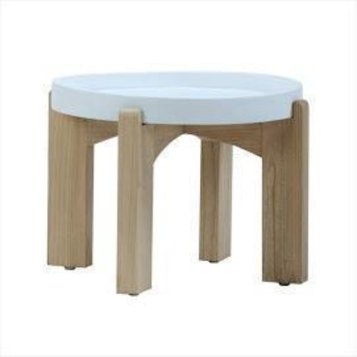 Low round side table with a white tray-style top and natural sungkai solid wood four-leg base with arched supports, modern minimalist design.