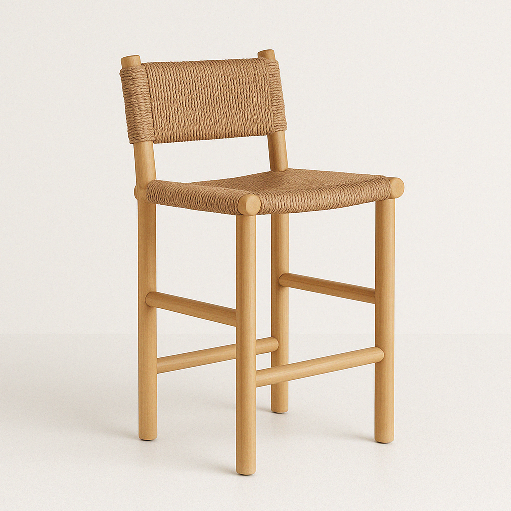 Armless teak bar stool with natural woven rope seat and backrest, rounded teak legs and horizontal footrests in a coastal-inspired outdoor style on a neutral background.