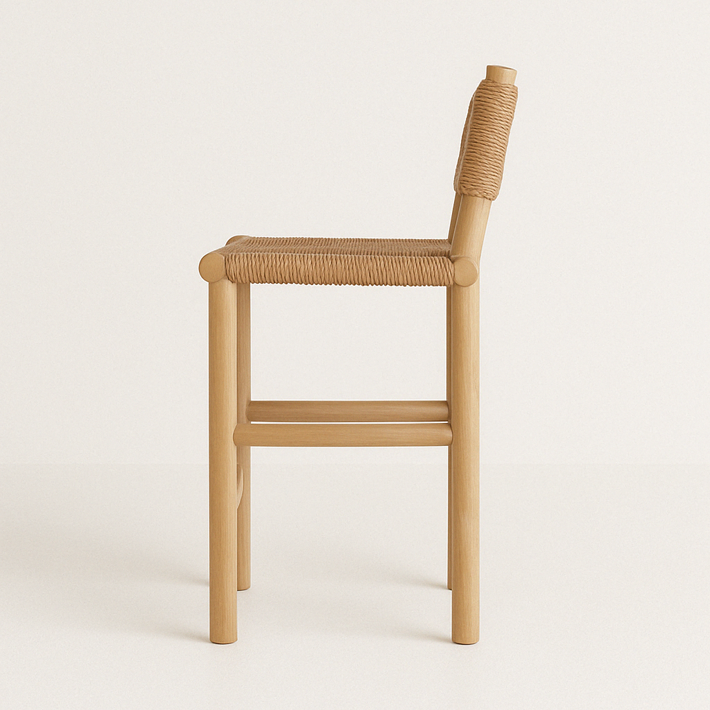 Side profile of an armless outdoor bar stool with a natural teak frame, woven rope-wrapped seat and small rope-wrapped backrest, round legs and a built-in footrest on a neutral white background.
