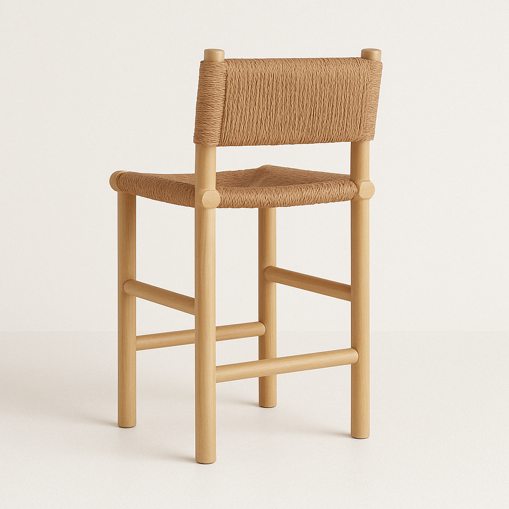 Armless outdoor bar stool with a natural teak frame, woven fiber seat and wrapped low backrest, round legs and horizontal footrests in a light natural finish.