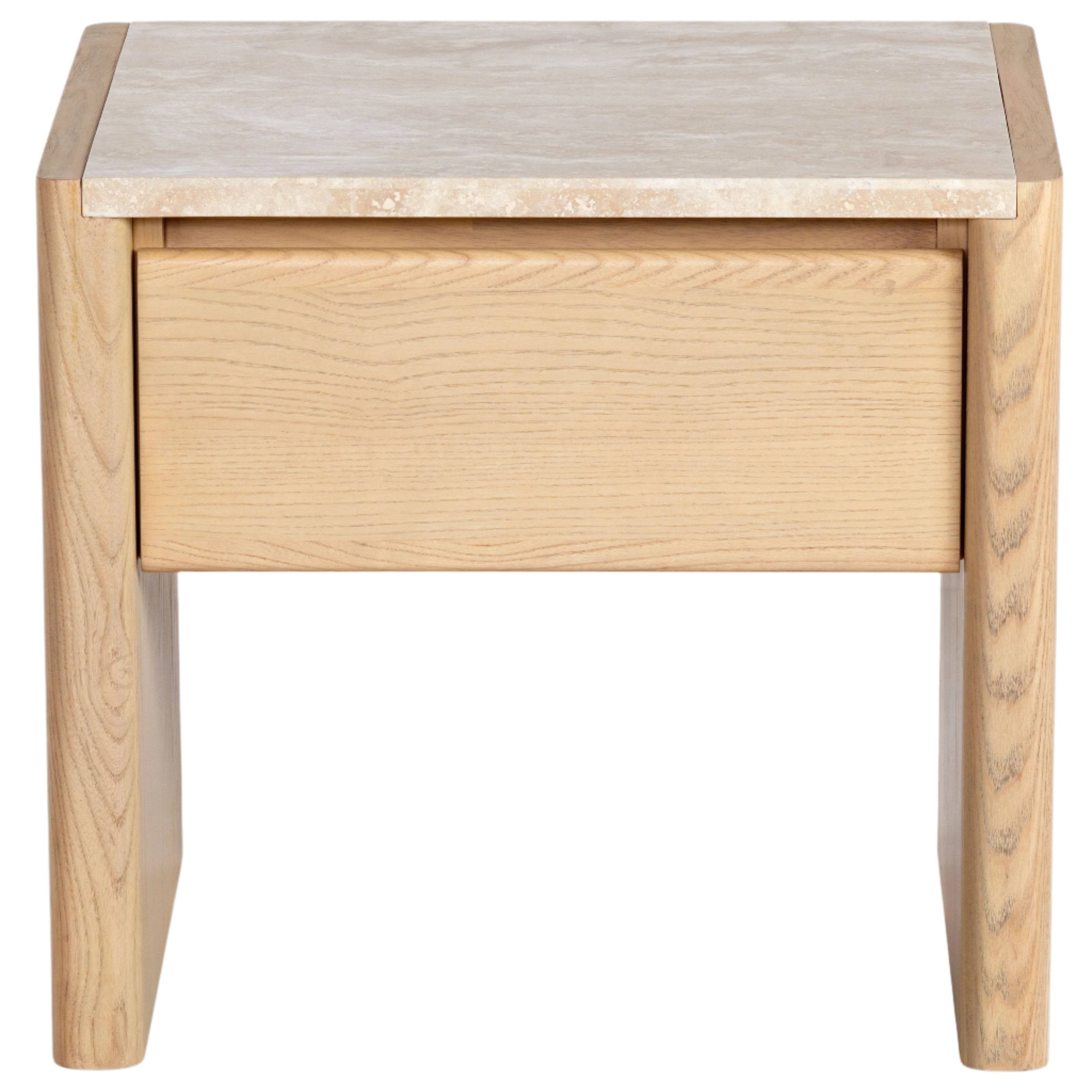 Front view of a modern natural wood nightstand with a beige marble top, a single recessed drawer and rounded legs, shown on a white background.