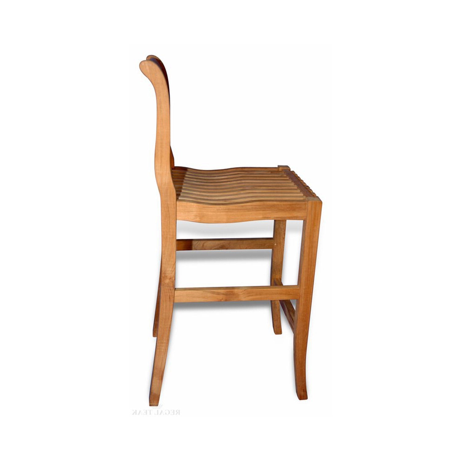Side view of an armless outdoor bar stool in natural teak with a slatted contoured seat, low curved backrest, square legs and horizontal footrest rails.