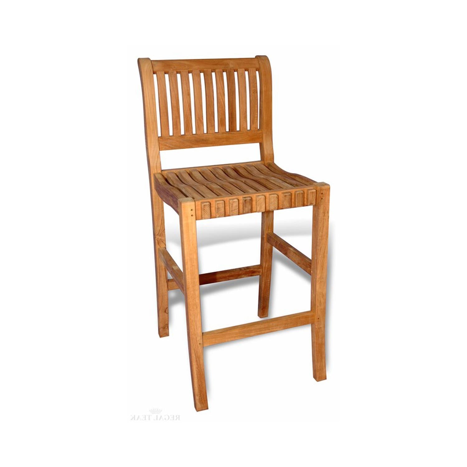 Armless teak outdoor bar stool in natural finish with a curved slatted seat, vertical slat backrest, square legs and integrated footrest, coastal solid-wood construction.