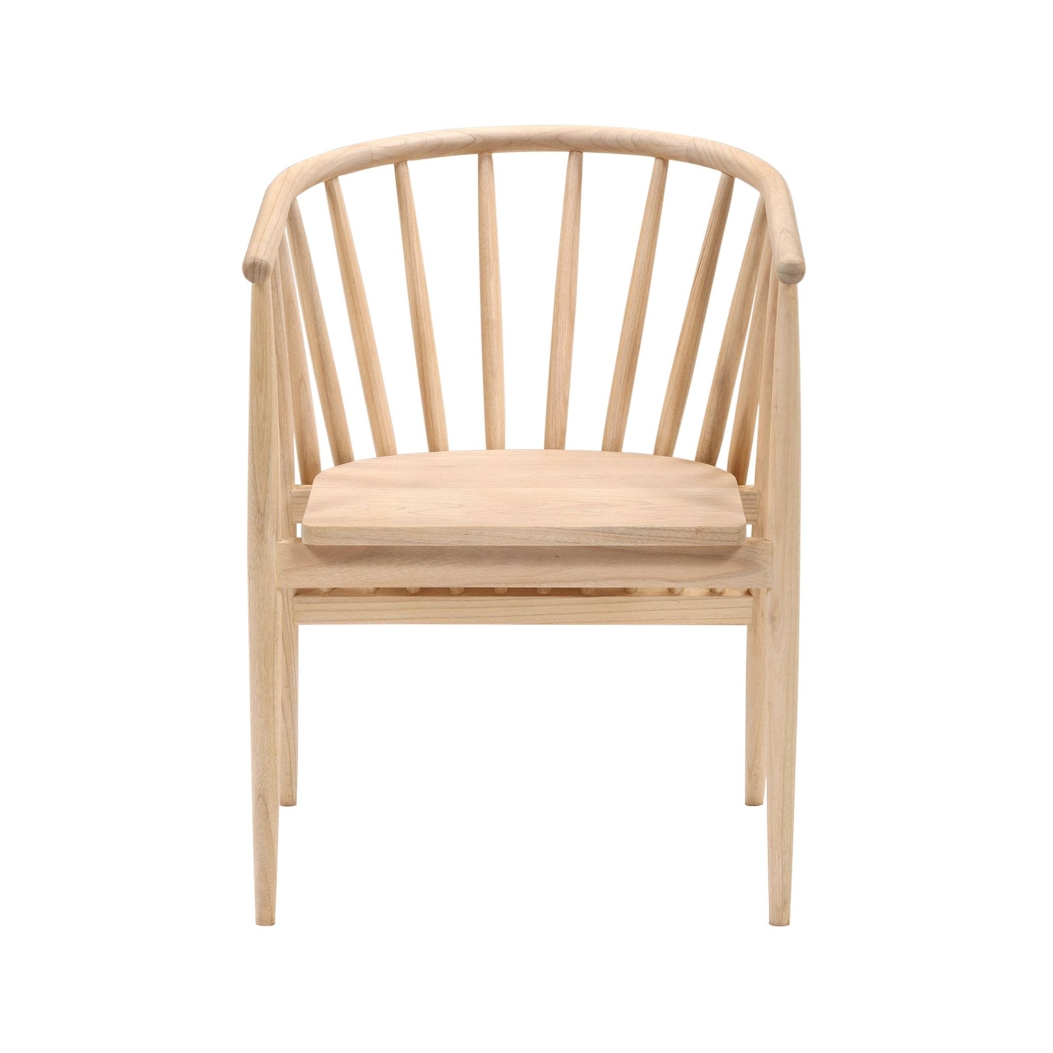 Front view of a natural teak Shaker dining chair with vertical spindle back, curved arm rails and contoured wooden seat on tapered legs, shown against a white background.
