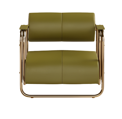 Top-down view of an olive green faux leather loft chair with two segmented cushions, slim polished brass metal frame and curved arm supports in a modern Scandinavian style on a white background.