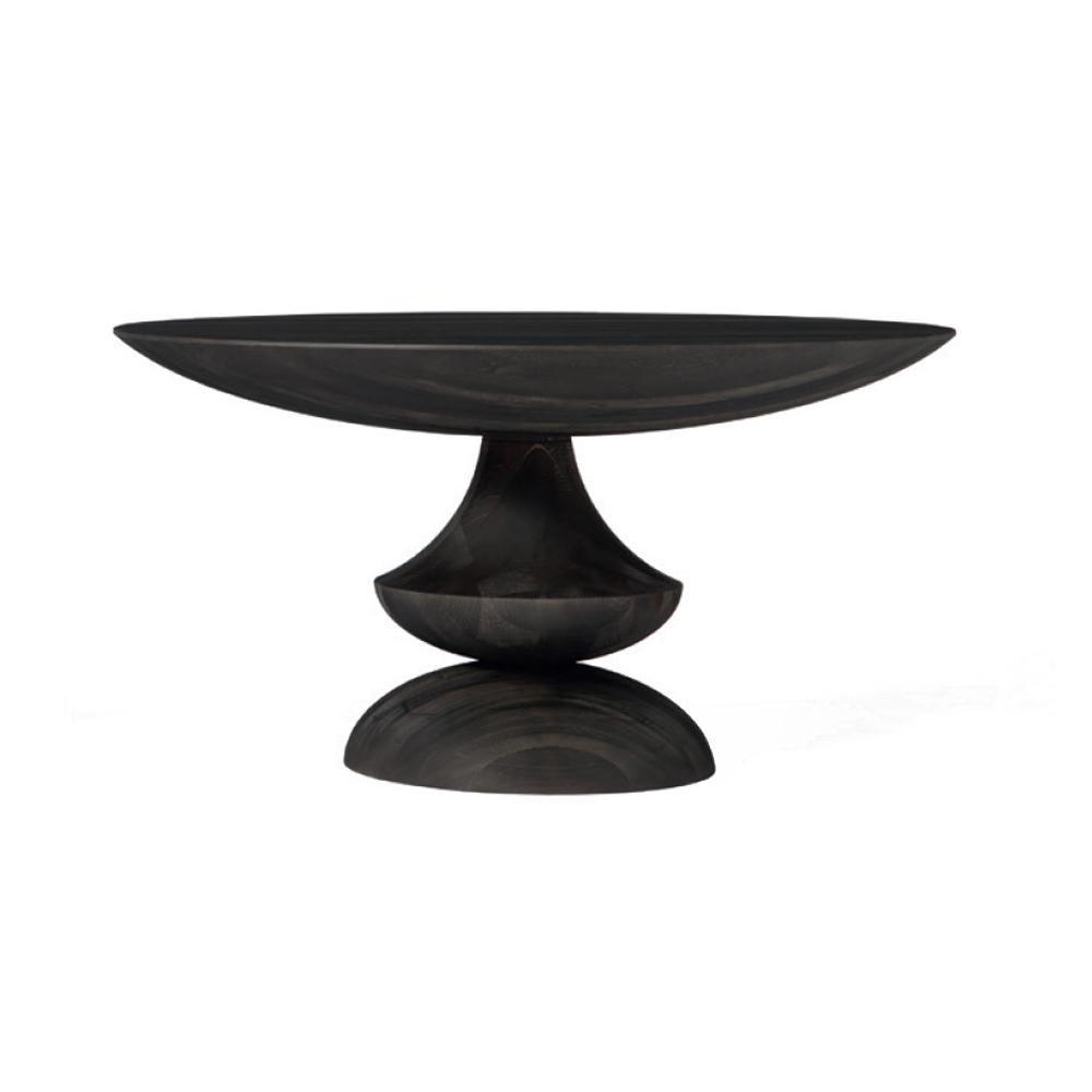 Smoked-black teak coffee table with a wide shallow round top and sculptural double‑dome pedestal base, shown in a modern contemporary silhouette.