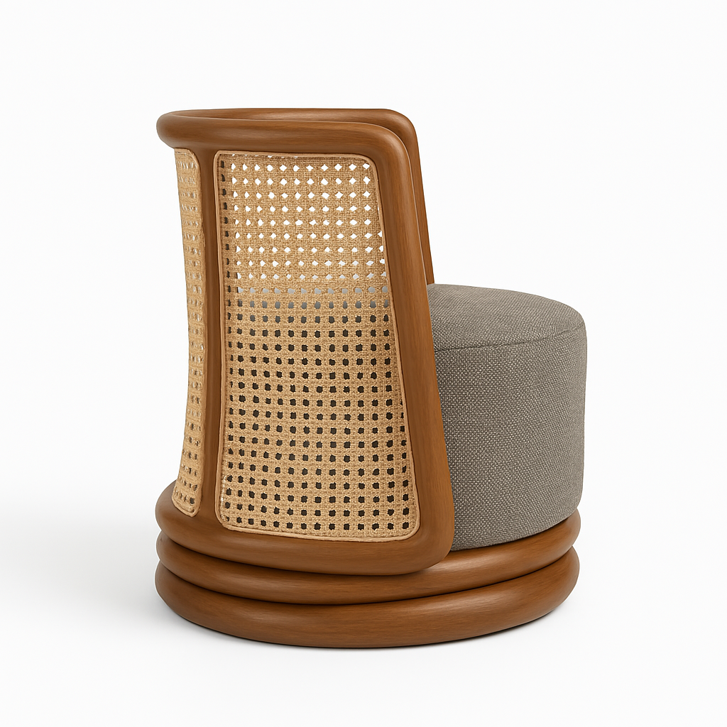 Round swivel accent chair with warm natural wood frame and stacked circular base, woven rattan cane back panels and a neutral taupe upholstered round seat for a boho-contemporary lounge look.