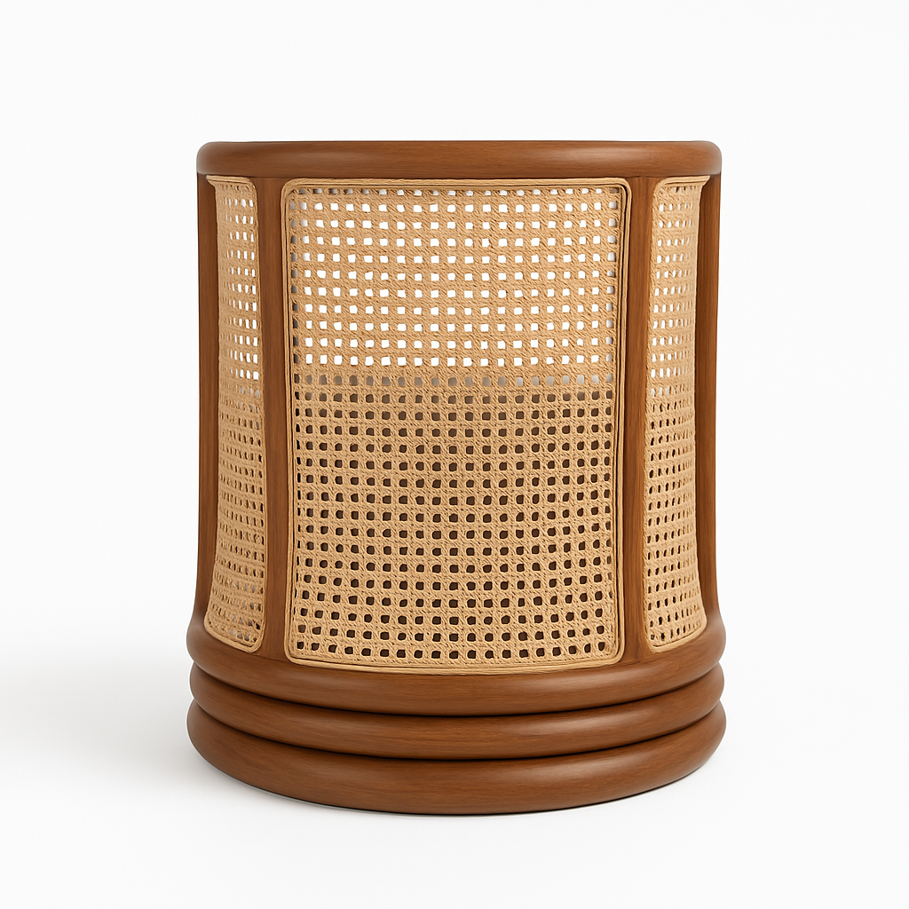 Rear view of a boho-style swivel accent chair featuring a warm brown solid wood frame, woven natural rattan cane back panels, and a rounded stacked wood swivel base.