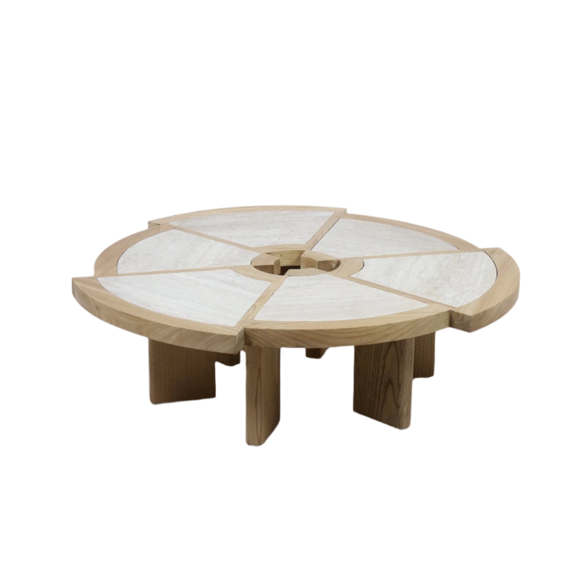 Low round coffee table with solid oak frame and light travertine insets divided into six pie-shaped panels, a circular center detail and chunky cross-style oak legs in a natural finish.