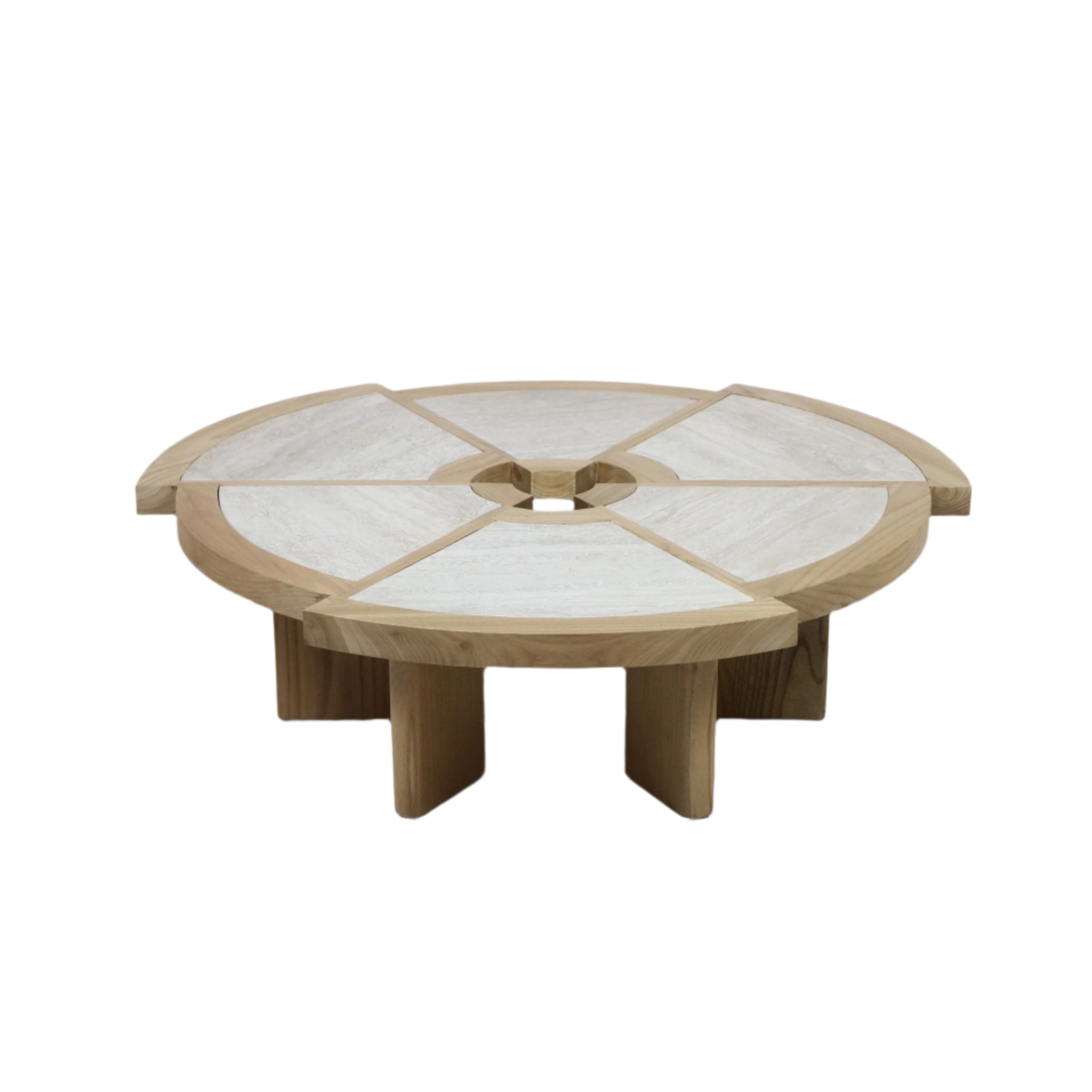 Round low coffee table in solid oak with six white-beige travertine wedge inlays radiating from a central circular opening, set on chunky oak pedestal legs with a natural oak finish in a modern contemporary style.