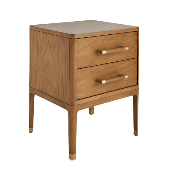 Solid walnut wood two-drawer nightstand with rounded corners, tapered legs, brass bar handles and brass leg caps, shown against a white background in a glam bedroom style.