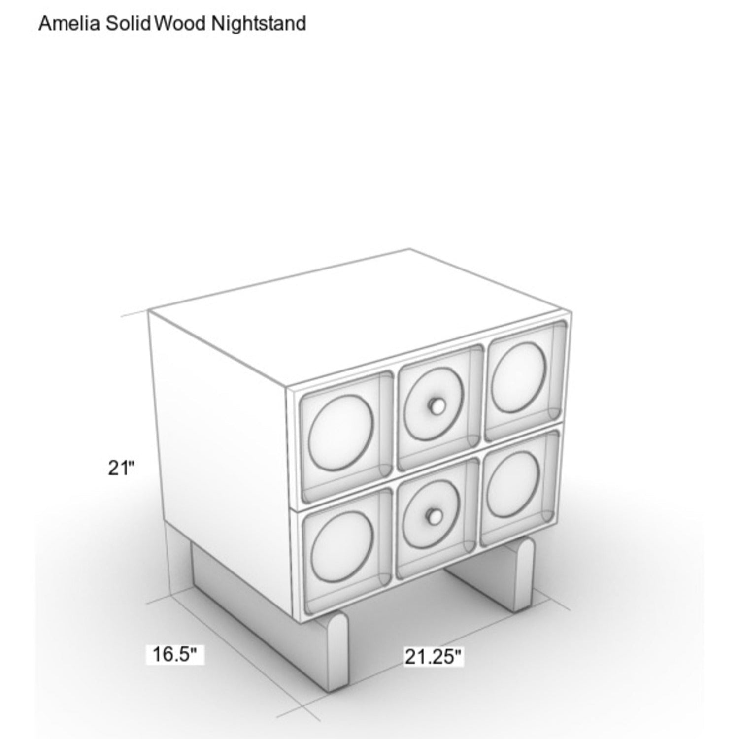 Isometric line drawing of an Amelia solid wood nightstand with six circular recessed drawer panels and brass knobs, labeled dimensions 21" H × 21.25" W × 16.5" D for bedroom bedside use.