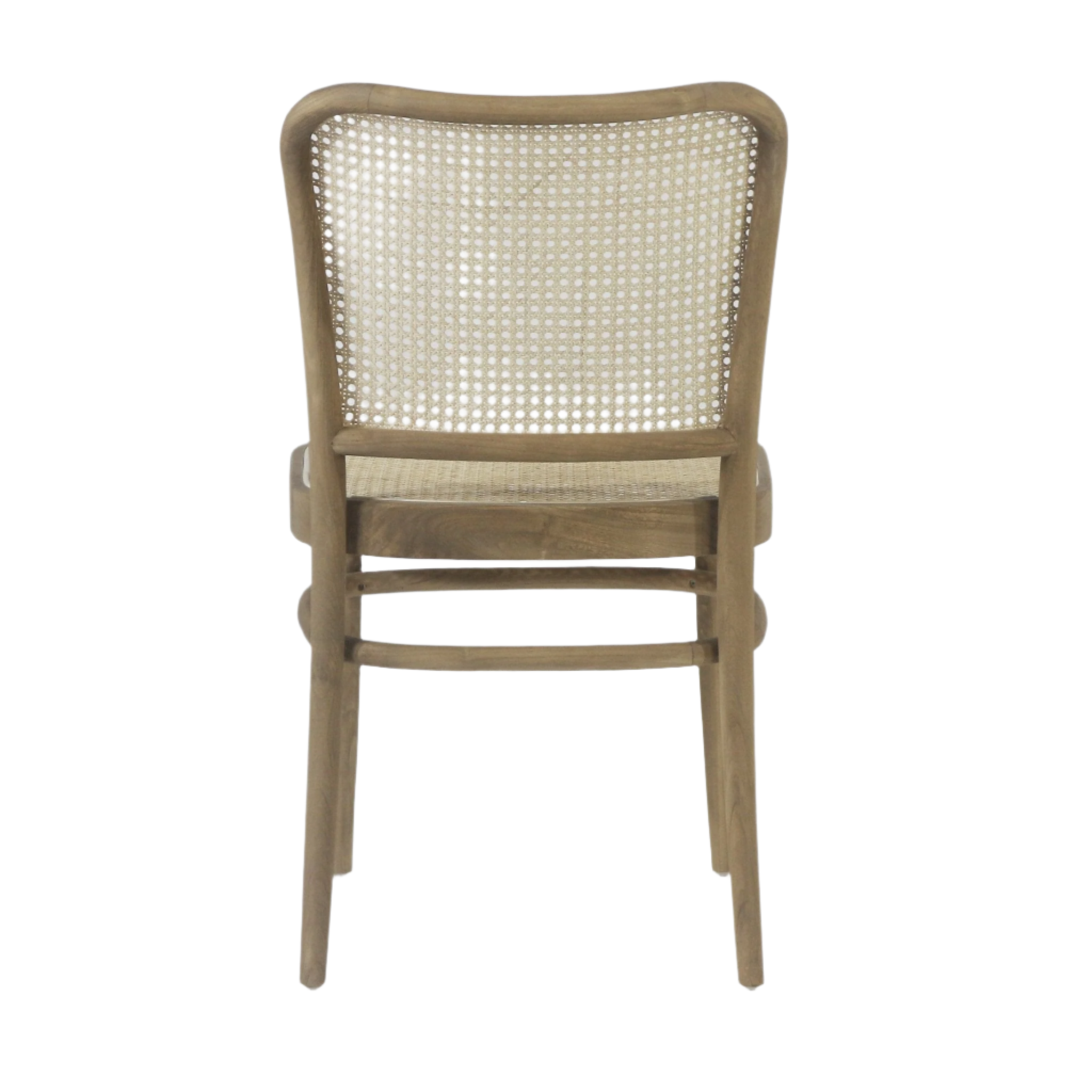 Rear view of an armless oak dining chair with a woven cane back and seat, curved solid wood frame in a natural oak finish and tapered legs against a white background.