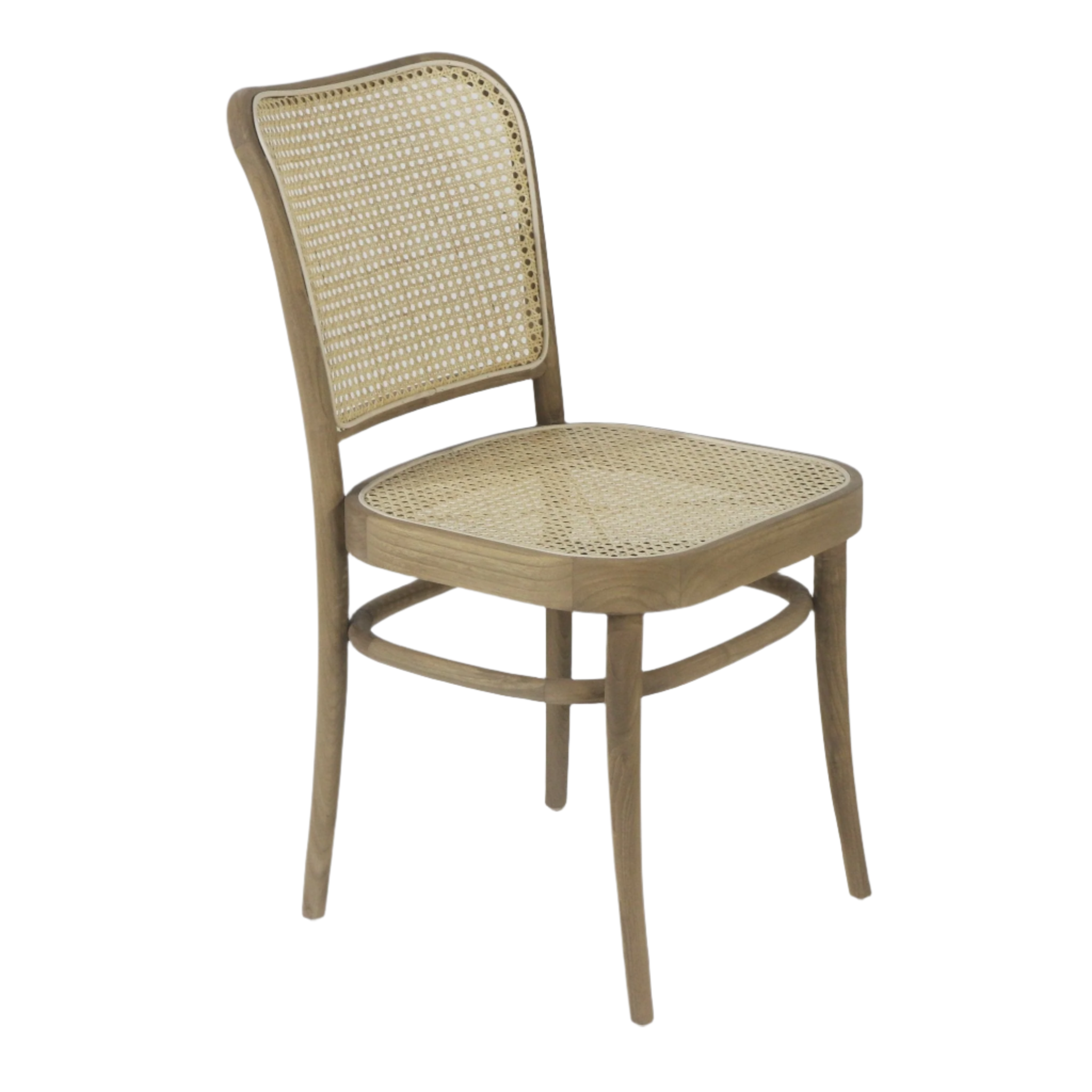 Armless coastal dining chair with a natural oak solid-wood frame and woven cane seat and backrest, featuring a gently curved back, rounded stretcher rails and tapered legs.