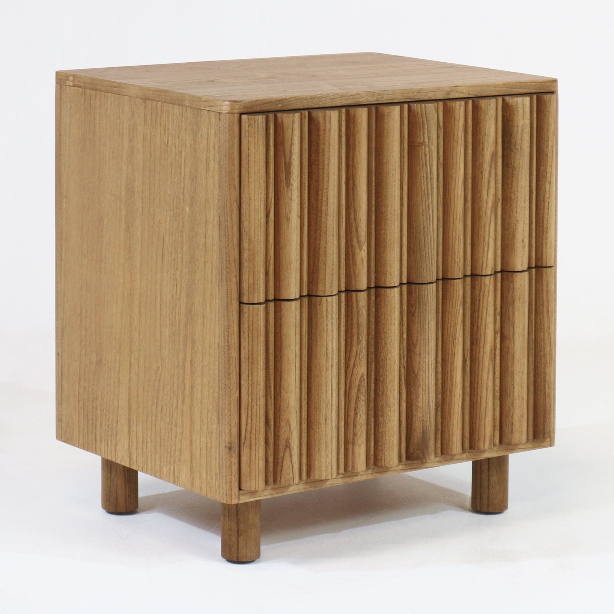 Blonde solid natural wood nightstand featuring two vertically fluted drawer fronts, round wooden legs, and a minimalist Scandinavian-modern silhouette in a light natural finish.