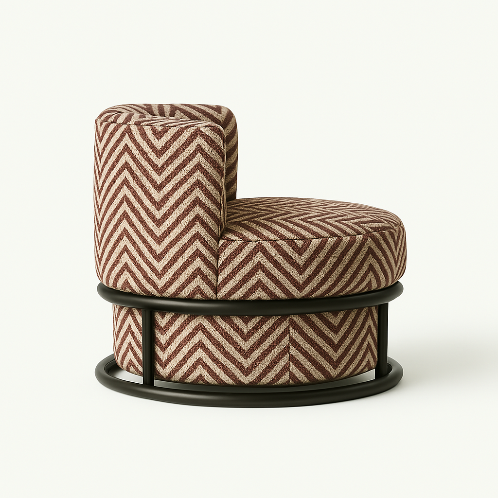 Round swivel accent chair upholstered in brown and beige chevron performance fabric, with a low curved back and a black metal circular base.