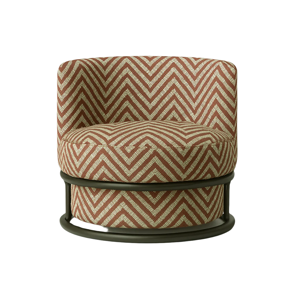 Round swivel accent chair upholstered in brown and beige chevron performance fabric, with a low curved back, plush seat cushion, and a dark metal circular swivel base.