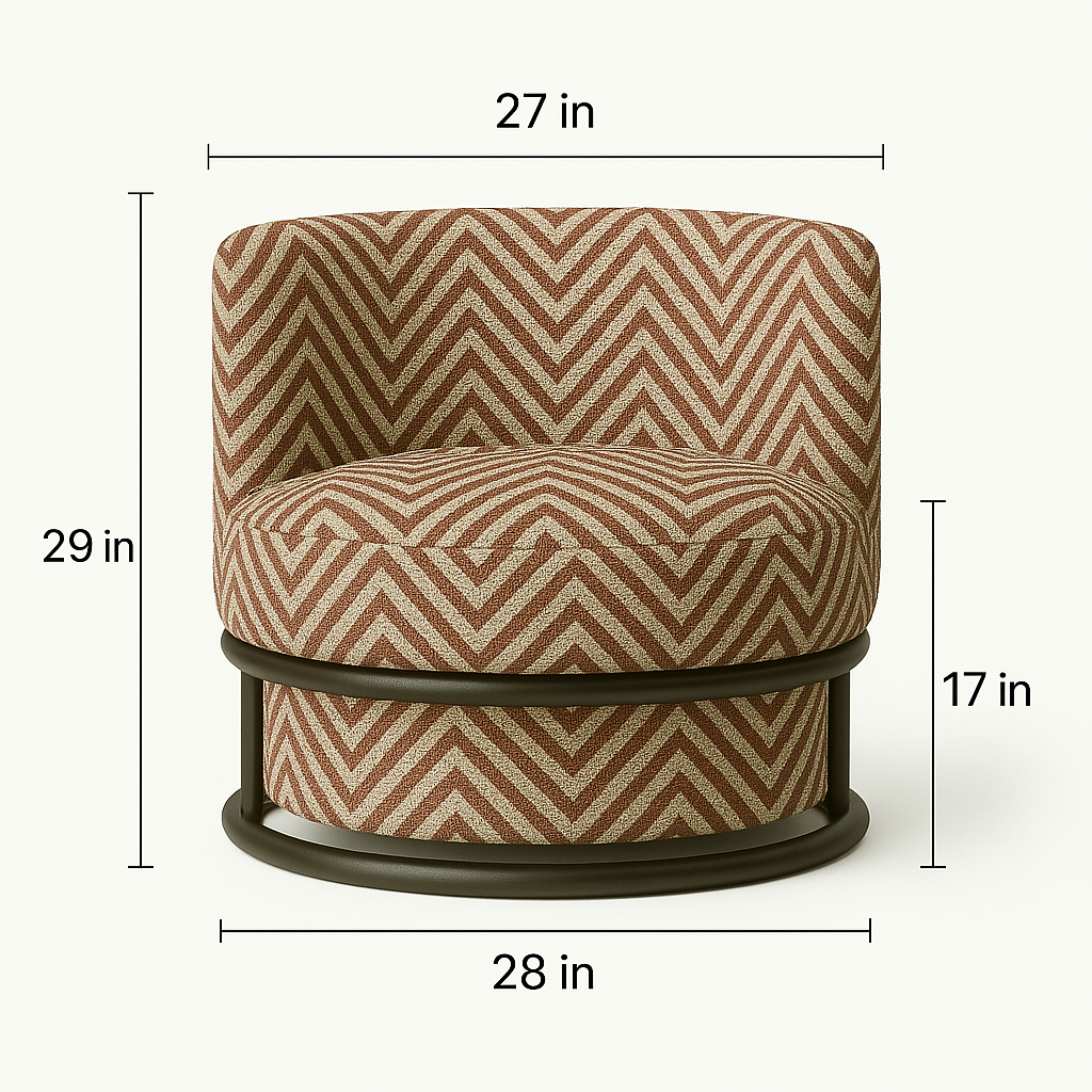 Front view of a modern swivel accent chair upholstered in brown-and-beige chevron performance fabric with a dark metal circular base; dimensions labeled 27–28 in wide, 29 in tall, 17 in seat height.
