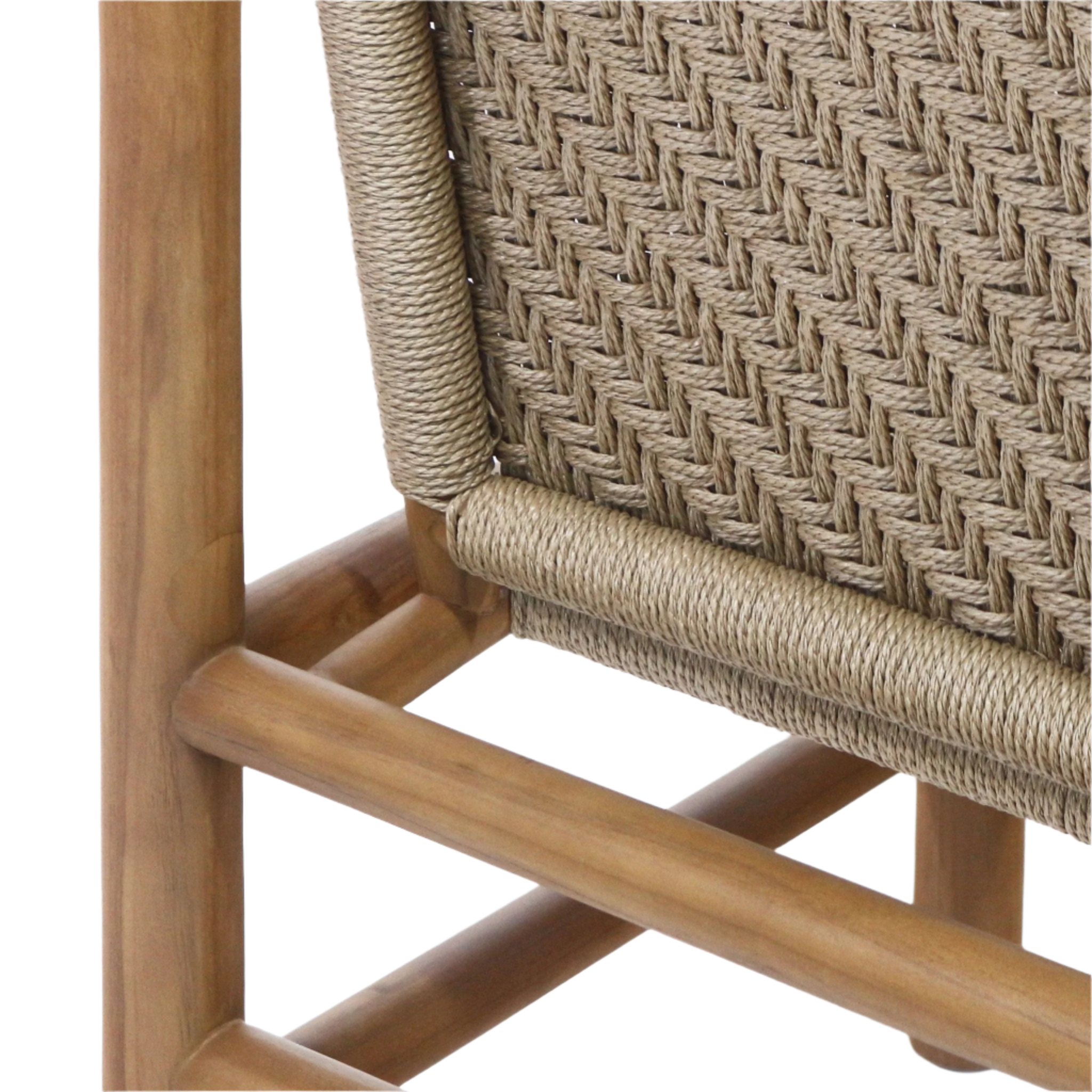 Close-up of a teak dining chair corner showing smooth natural teak wood frame and tightly woven natural polypropylene rope back with a herringbone-style weave.