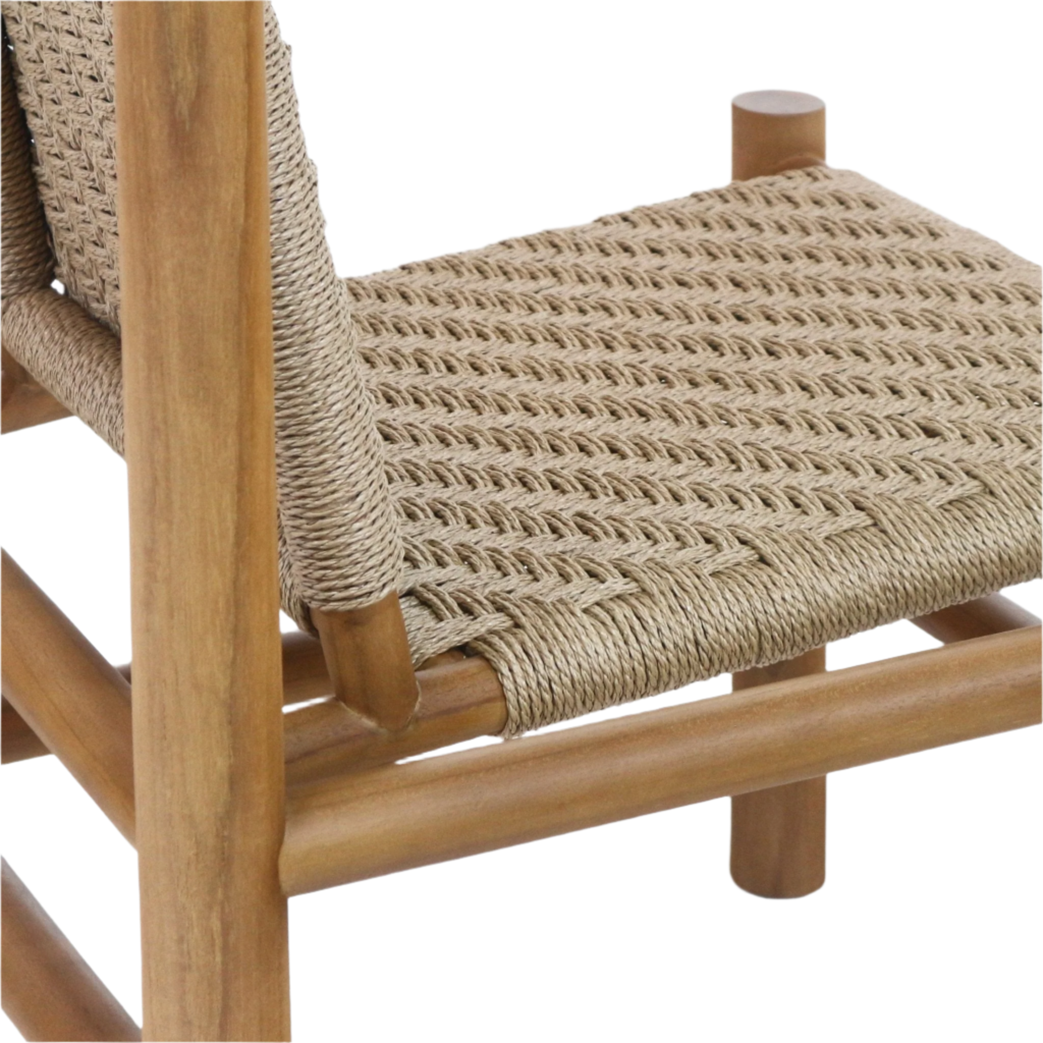 Close-up of a natural teak wood dining chair frame with a tightly woven natural-colored polypropylene rope seat and wrapped rope back detail.
