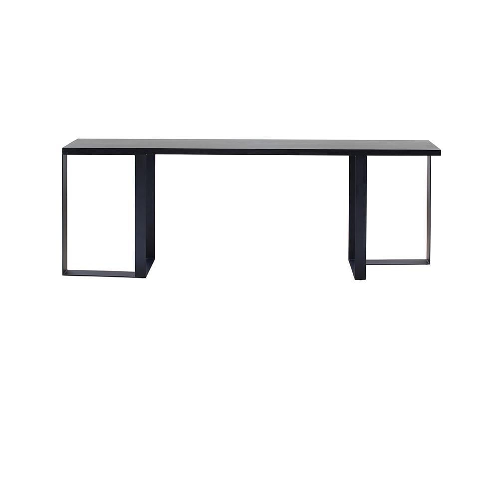 Minimalist modern console table with a mahogany-black wood top and black steel rectangular open-frame legs, shown on a plain white background.