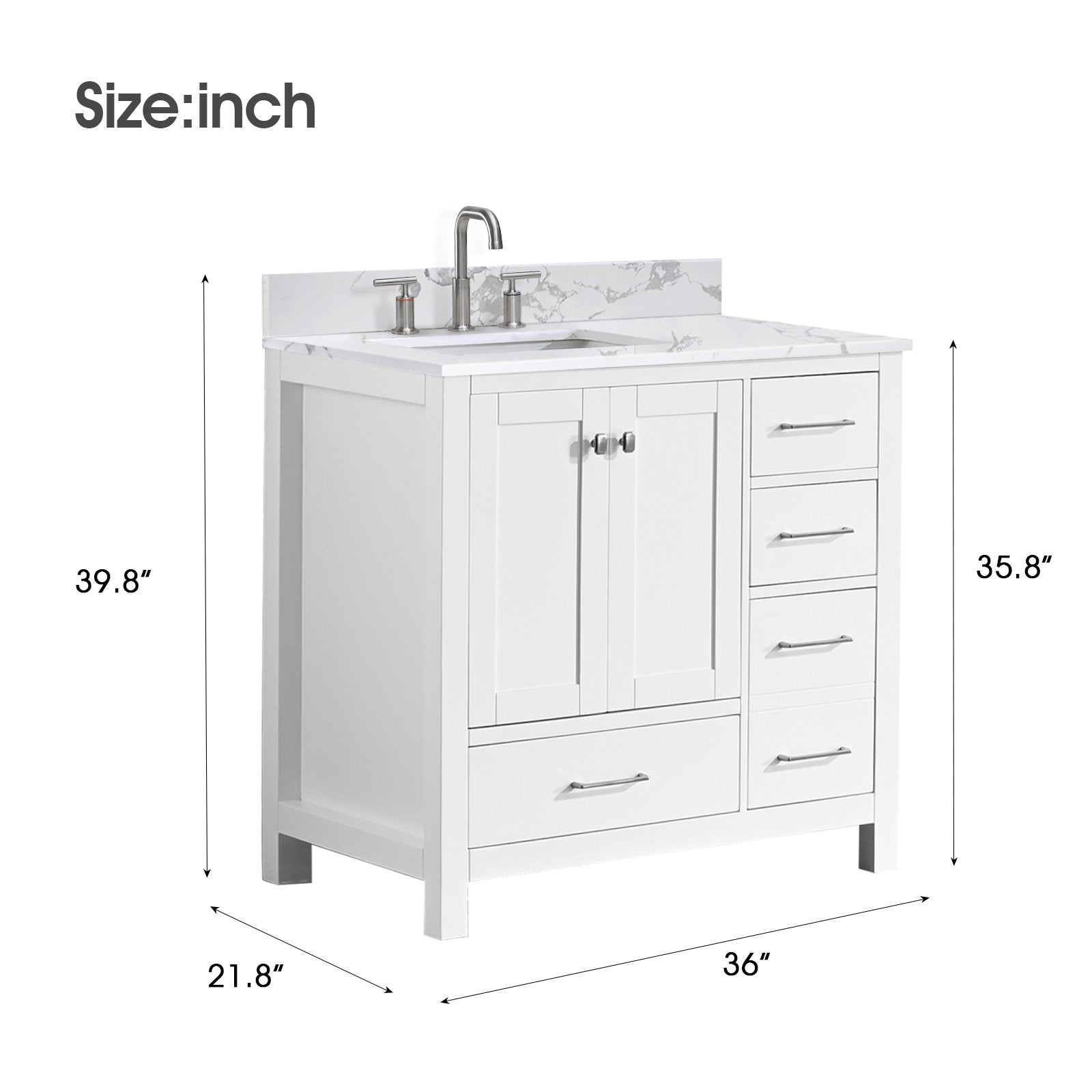 36-inch freestanding solid wood bathroom vanity in white with a stone-marble top and integrated rectangular sink, brushed nickel faucet and handles, shaker-style doors, one lower drawer and four side drawers.