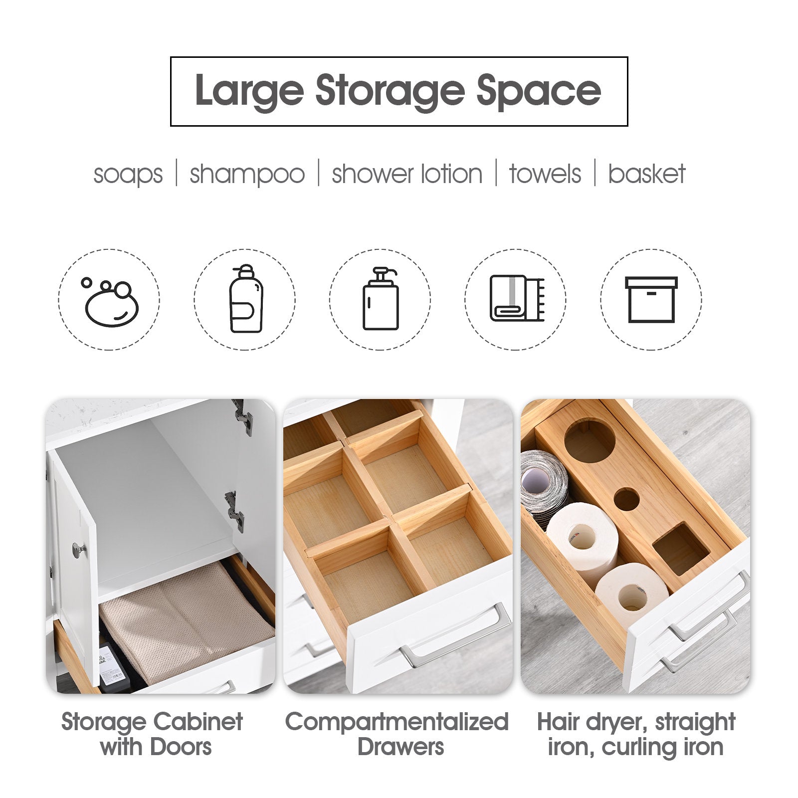Three-panel image of a modern bathroom vanity showing storage: left a cabinet with doors, center compartmentalized solid-wood drawer inserts, right a drawer with cutouts for hair dryer and toilet paper under a stone top.