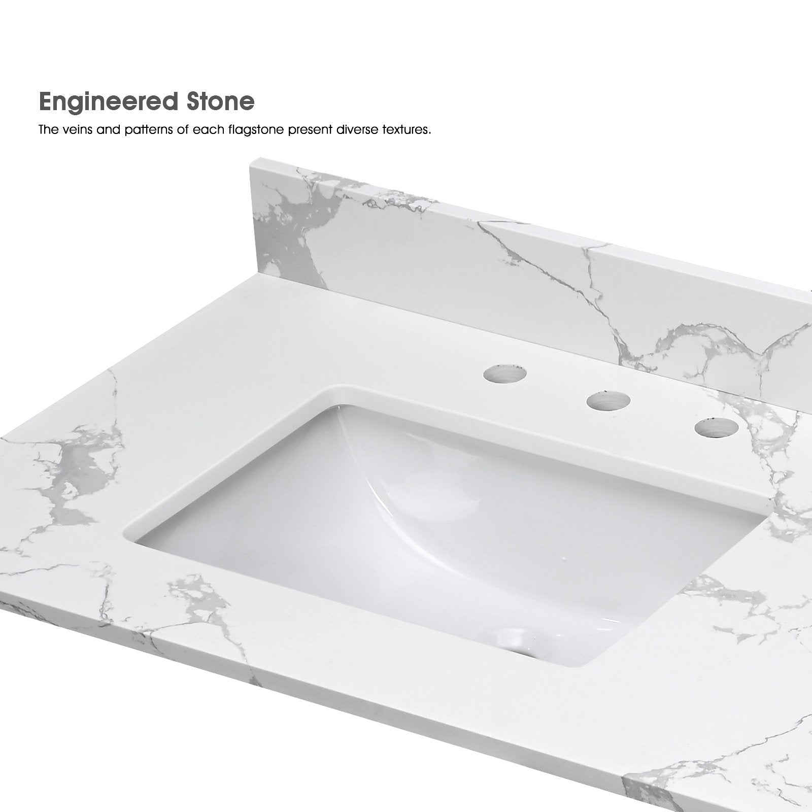 White engineered stone bathroom vanity top with gray marble-like veins, rectangular integrated sink basin, three pre-drilled faucet holes and a matching stone backsplash.
