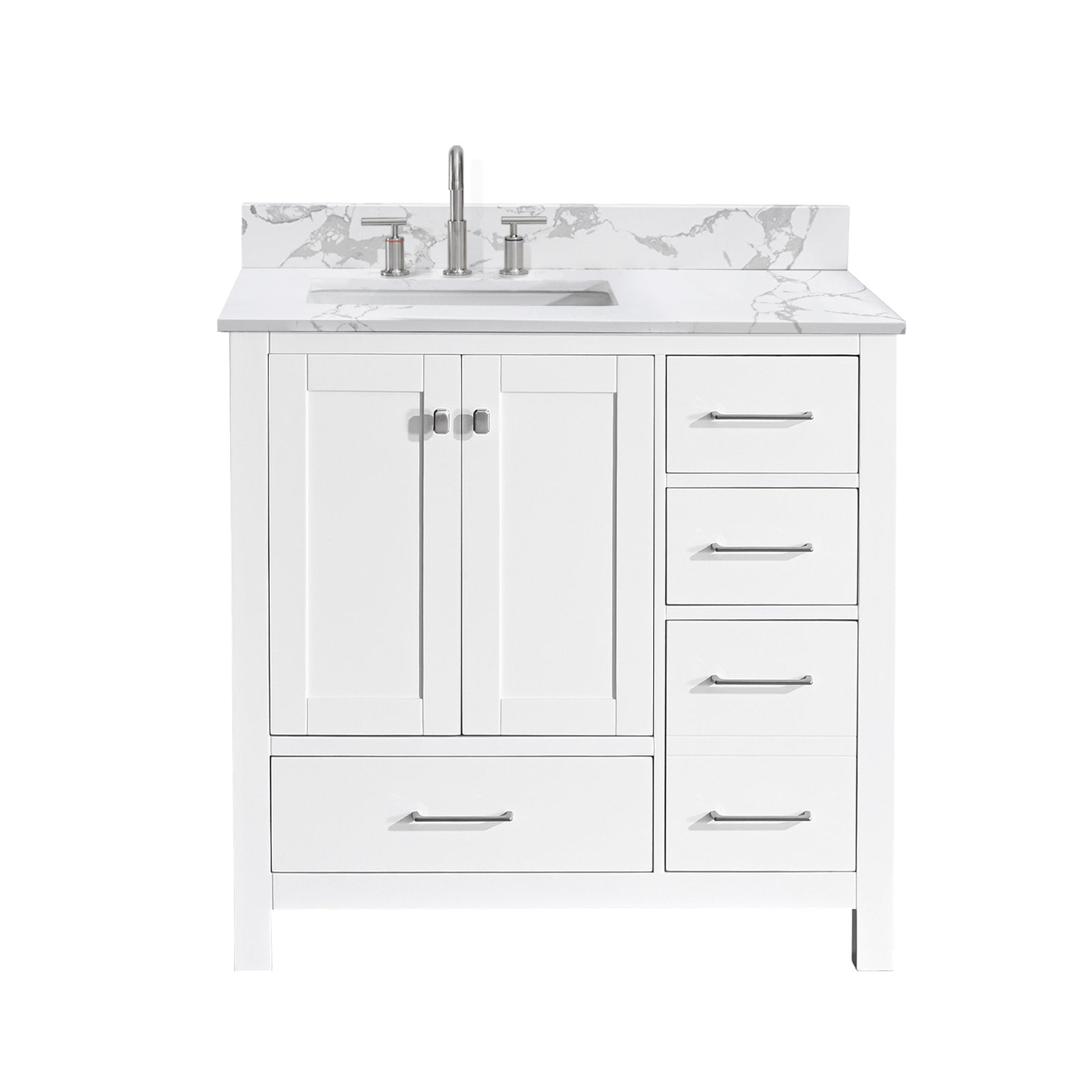 Modern 36-inch freestanding bathroom vanity with solid wood white base, stone marble-look countertop and integrated rectangular ceramic sink, chrome faucet, shaker-style double doors and stacked drawers on the right.