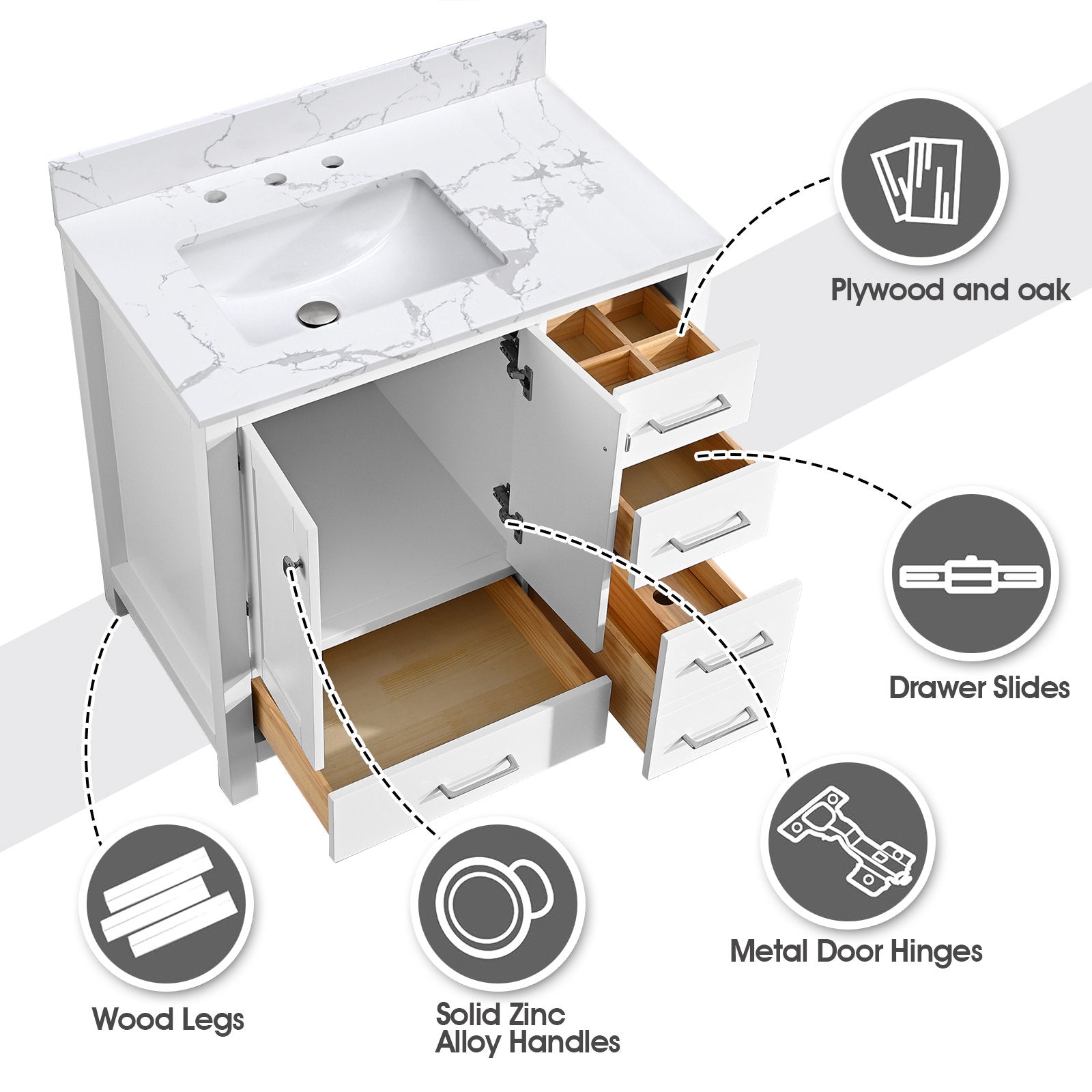 36-inch single-sink bathroom vanity with a white marble-look stone top and integrated rectangular basin, white solid wood cabinet with open drawers showing natural wood interiors, zinc-alloy handles, metal hinges and wood legs.