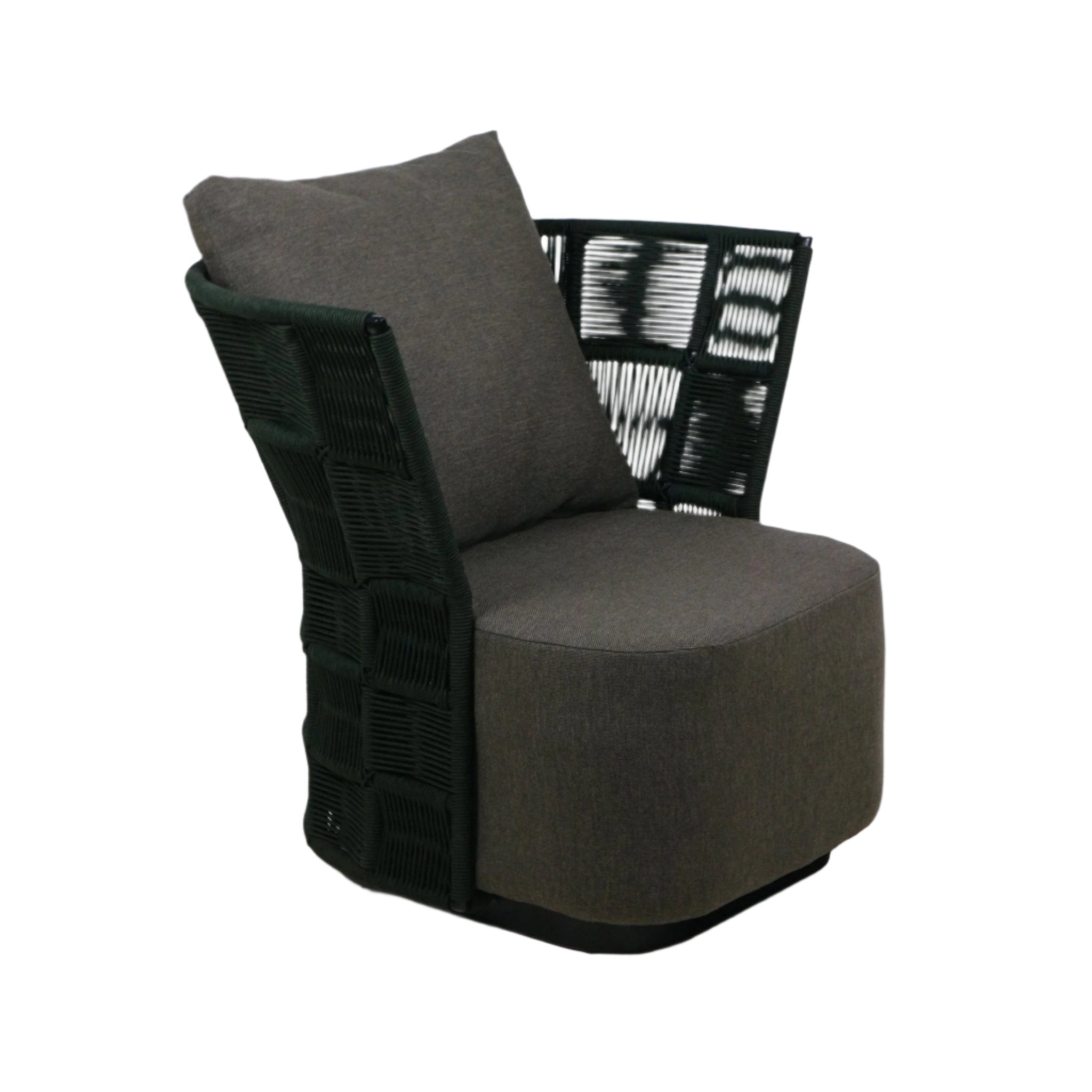 Outdoor accent chair with dark gray fabric seat and back cushion set in a dark woven rope frame featuring square open-weave panels and a rounded upholstered base