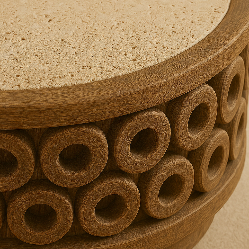 Close-up of a round coffee table showing a natural oak ring-pattern base and a beige travertine tabletop with visible pores and rich wood grain, highlighting modern contemporary texture and material detail.