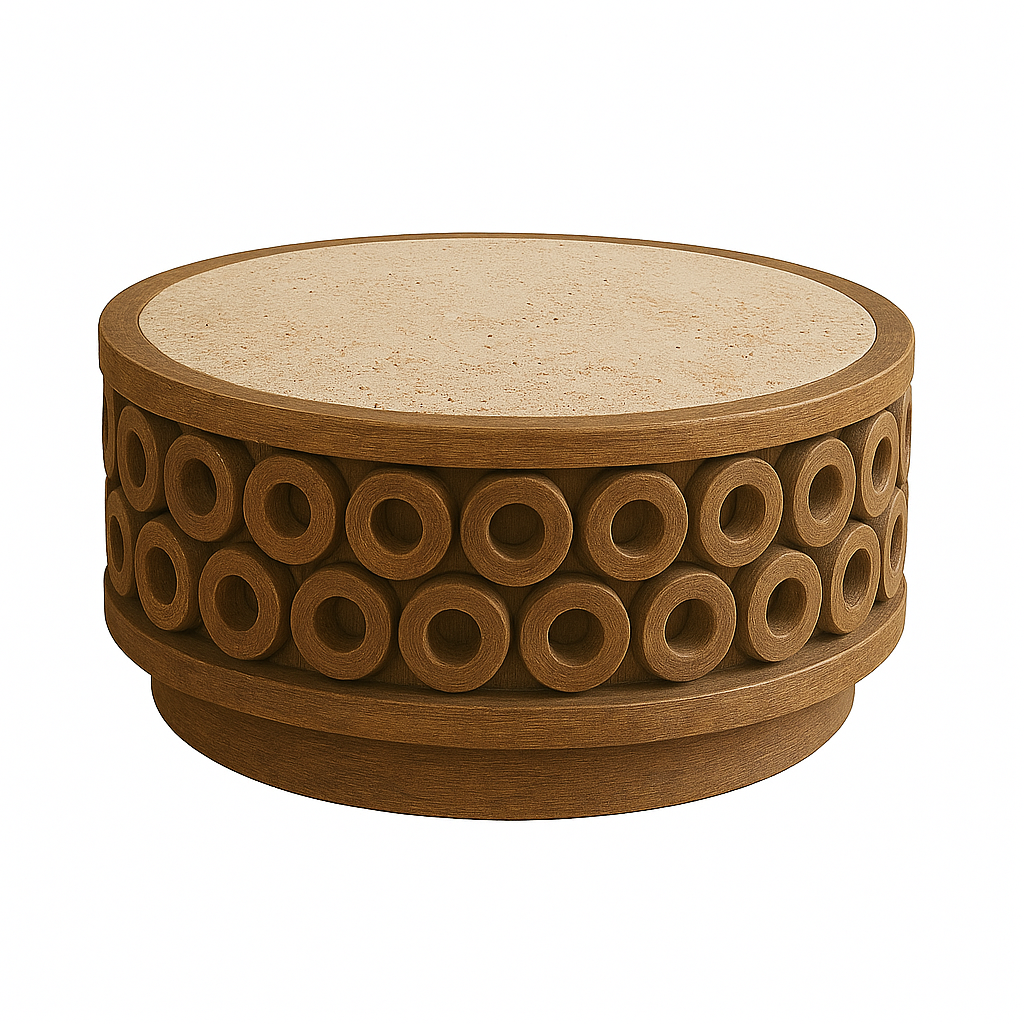 Round oak coffee table with a natural travertine stone top and sculpted circular ring motif around the drum base, modern contemporary design in a warm oak finish.