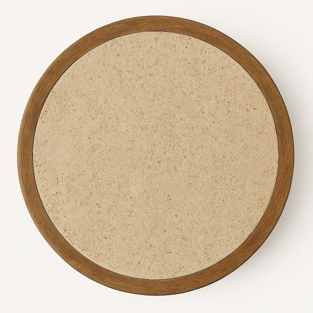 Top-down view of a round coffee table top with a light beige travertine stone center surrounded by a natural oak wood rim, highlighting a modern contemporary aesthetic.